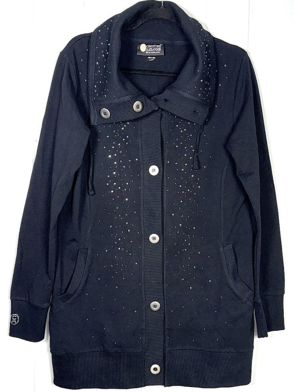 Christine Alexander Black Rhinestone Bling Cotton Button-Down Stretch Jacket L